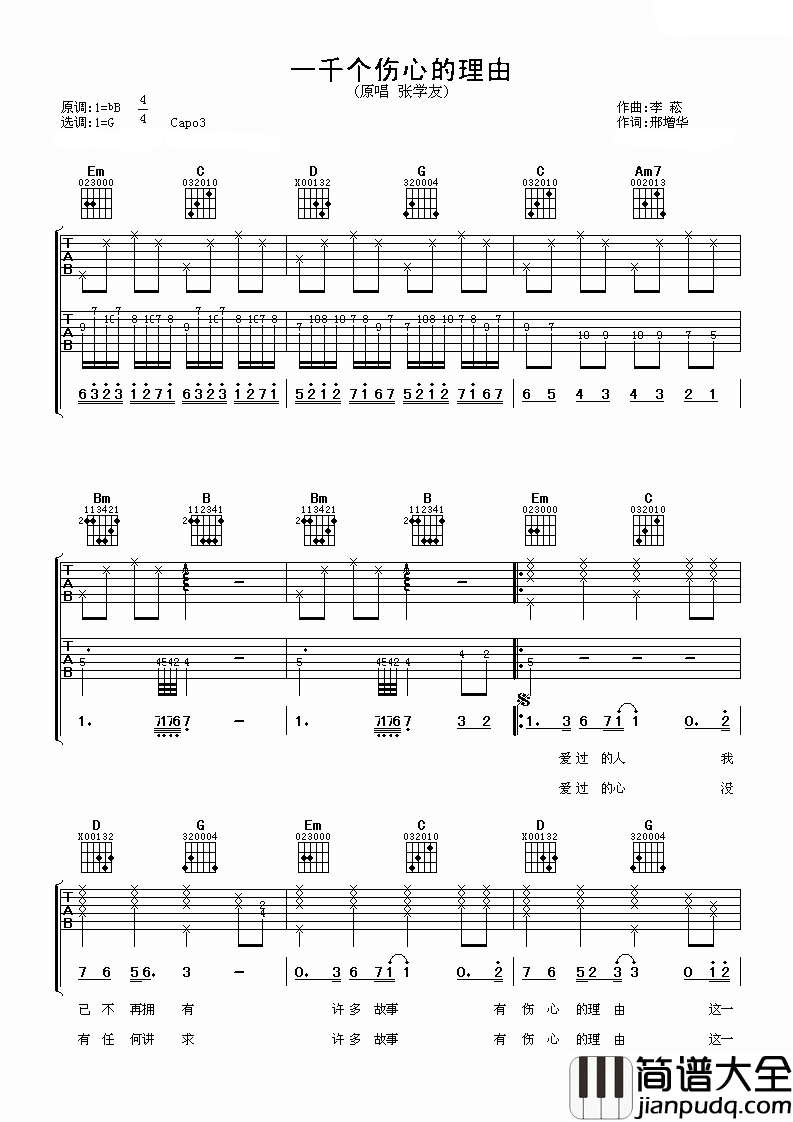 一千个伤心的理由吉他谱_张学友_在别人的故事里我被遗忘