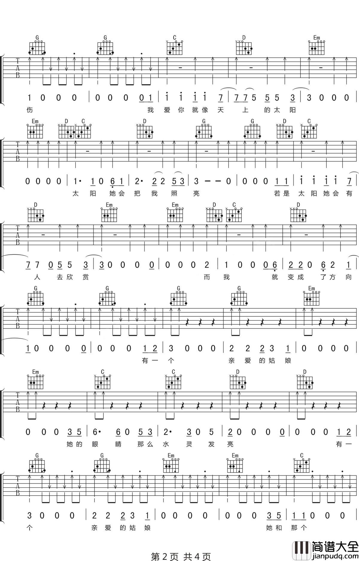 姑娘吉他谱_王北车_每个男生都会有一个亲爱的姑娘