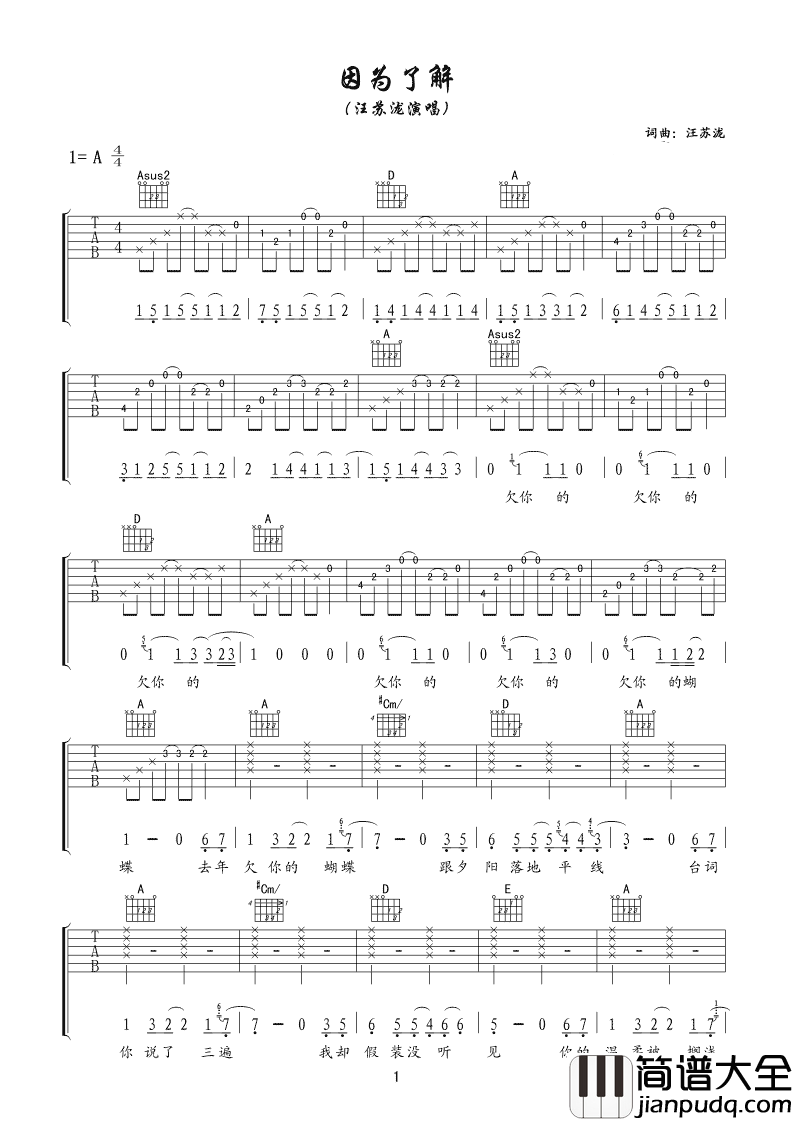 因为了解吉他谱_汪苏泷_如果可以我想去找你,明年我想踏上旅途