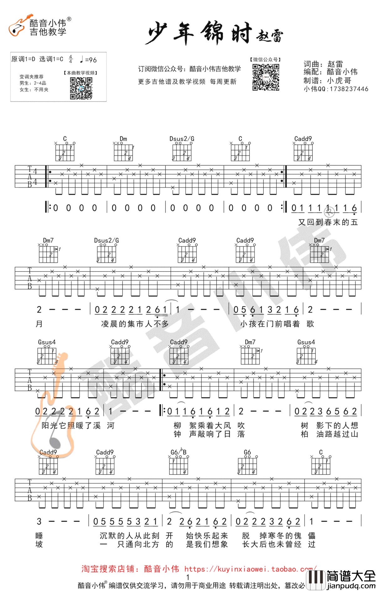 少年锦时吉他谱_C调_赵雷_吉他教学视频