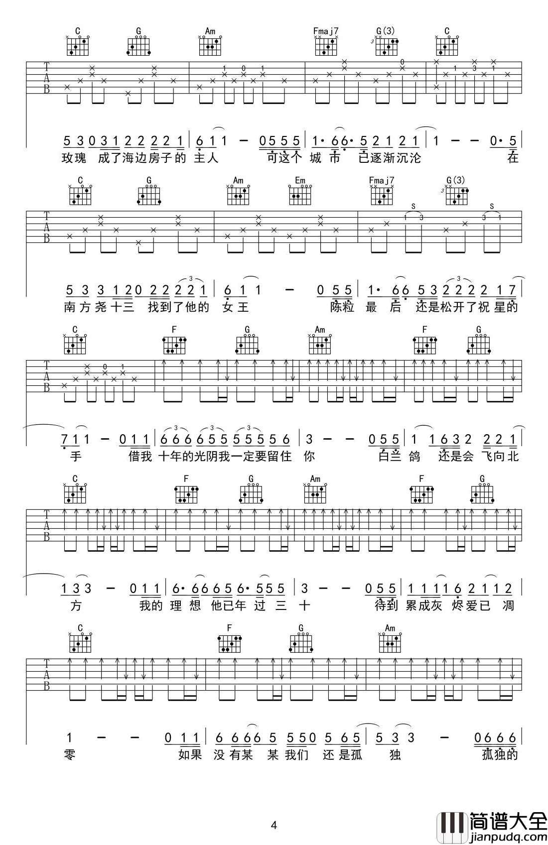 陈小姐的话吉他谱_民谣歌曲_高清