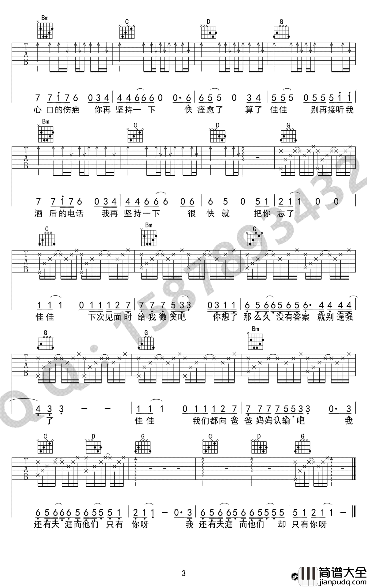 佳佳吉他谱_张宴铭_佳佳__G调