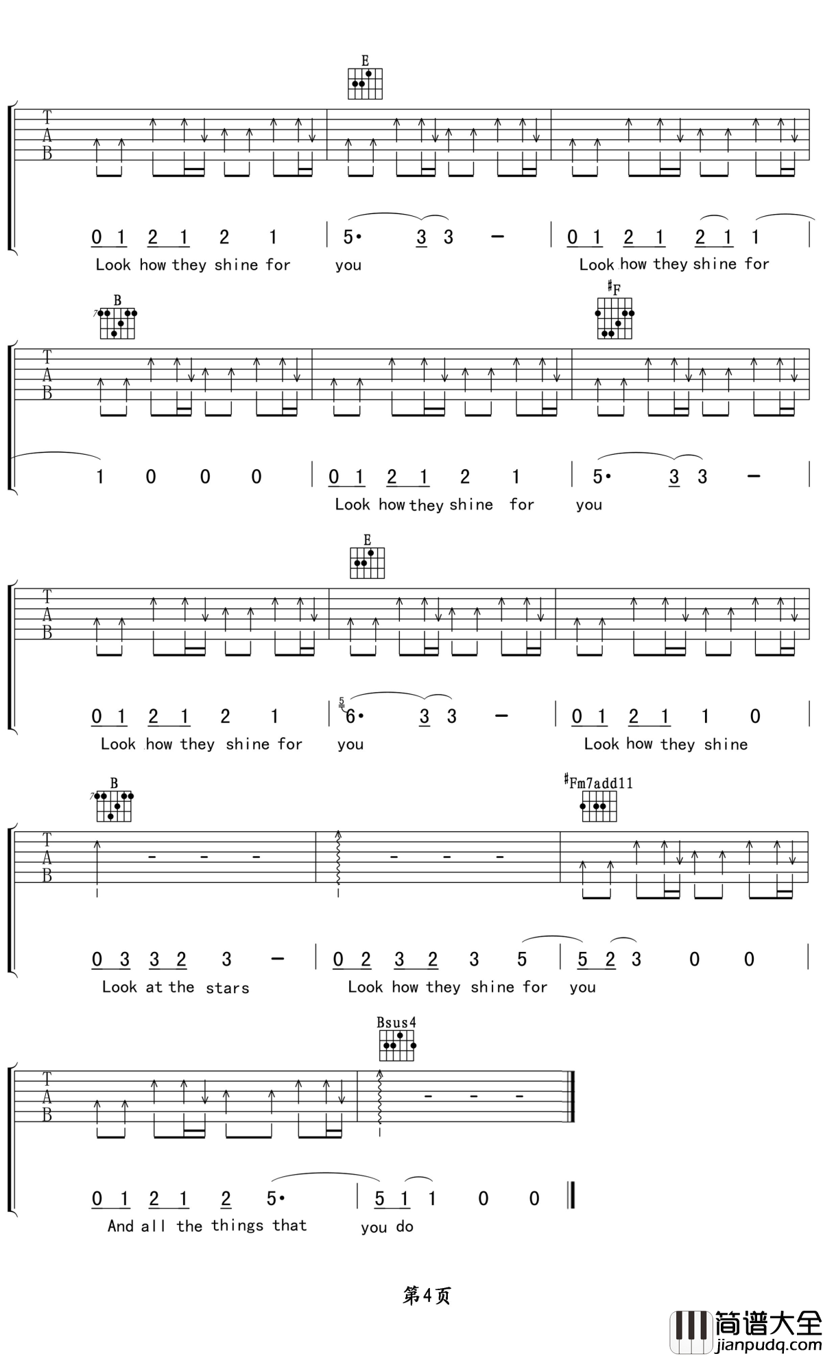 yellow吉他谱_Coldplay___Road_Songs_遥远而又辽阔，清澈而又自由