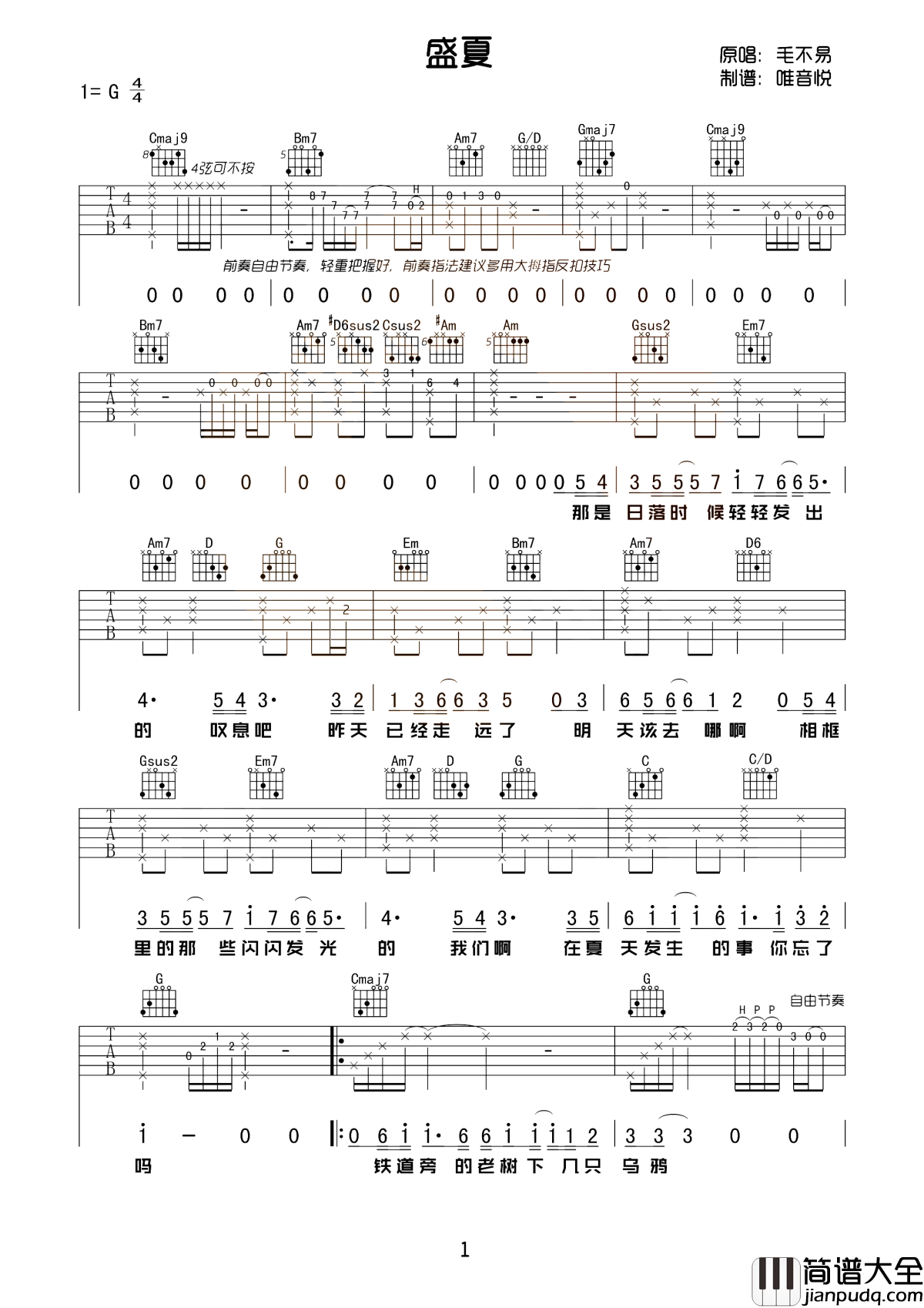 盛夏吉他谱_毛不易_就慢慢的_忘了吧_因为回不去啊__那闭上眼睛就拥有了一切的盛夏