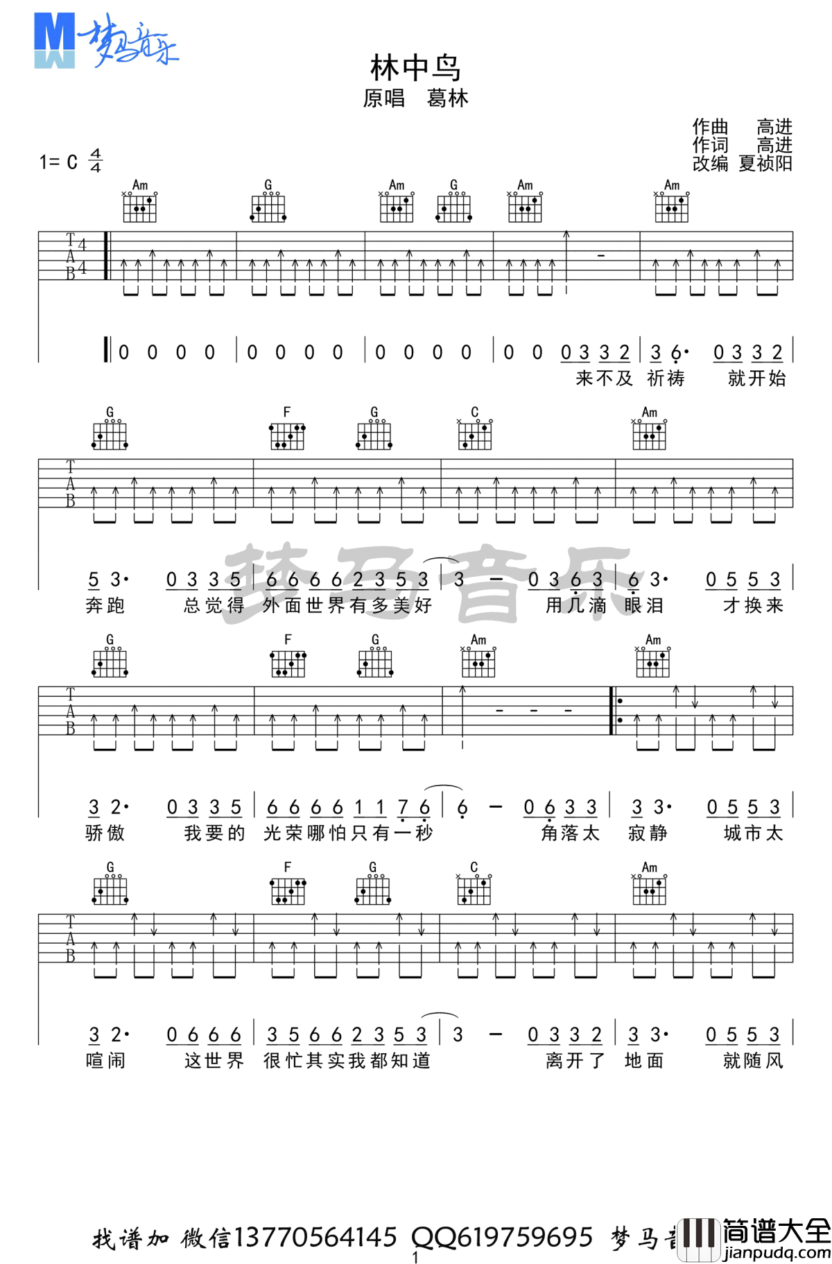 林中鸟吉他谱_葛林_C调_吉他弹唱视频