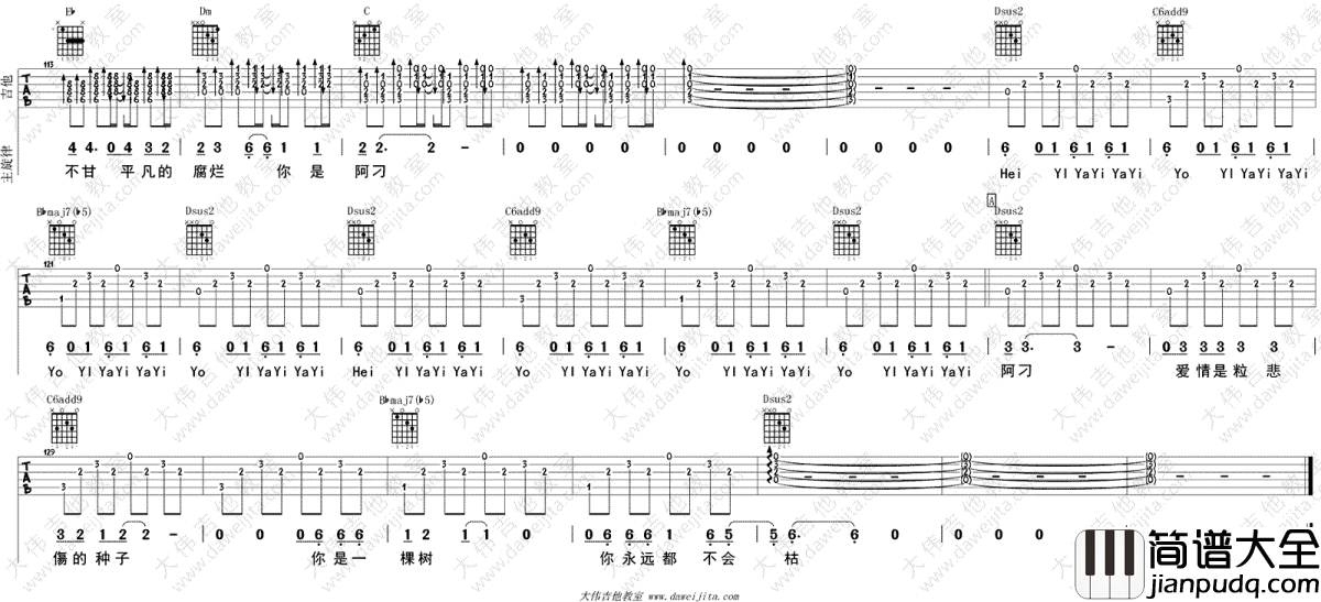 阿刁吉他谱_赵雷-张韶涵_阿刁_吉他弹唱视频_图片谱