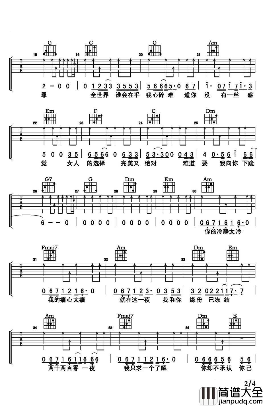 女人的选择吉他谱_姜育恒_全世界谁会在乎我心碎….