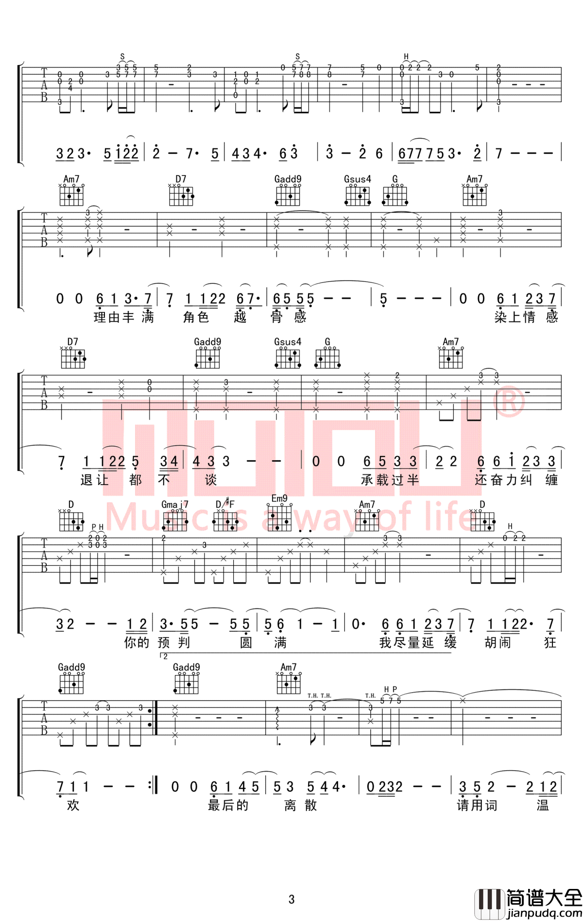 肆无忌惮吉他谱_G调_薛之谦_高度还原完整版