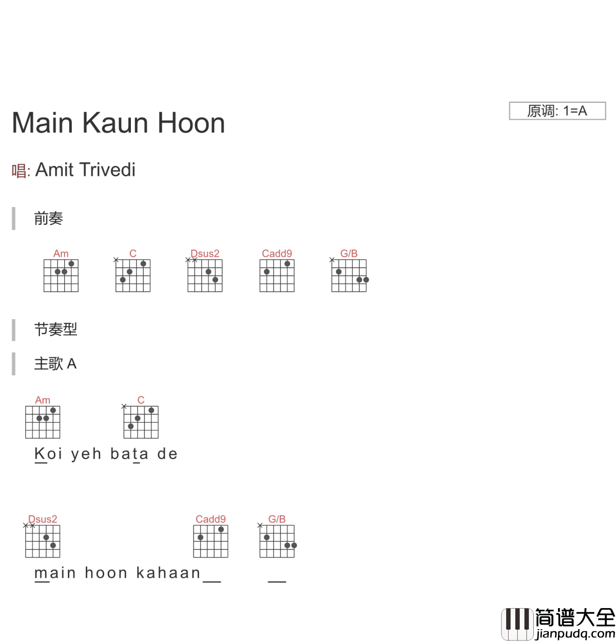 Main_Kaun_Hoon吉他谱_Meghna_Mishra_电影_神秘巨星_插曲