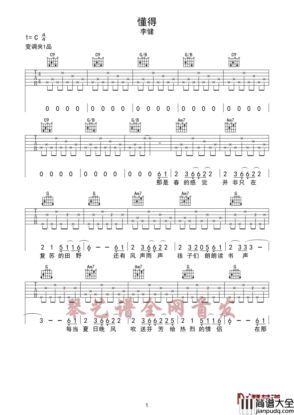 懂得吉他谱_李健_世间冷暖，无非自然