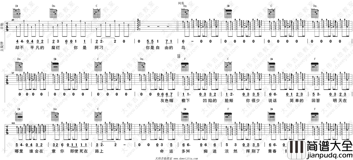 阿刁吉他谱_赵雷-张韶涵_阿刁_吉他弹唱视频_图片谱