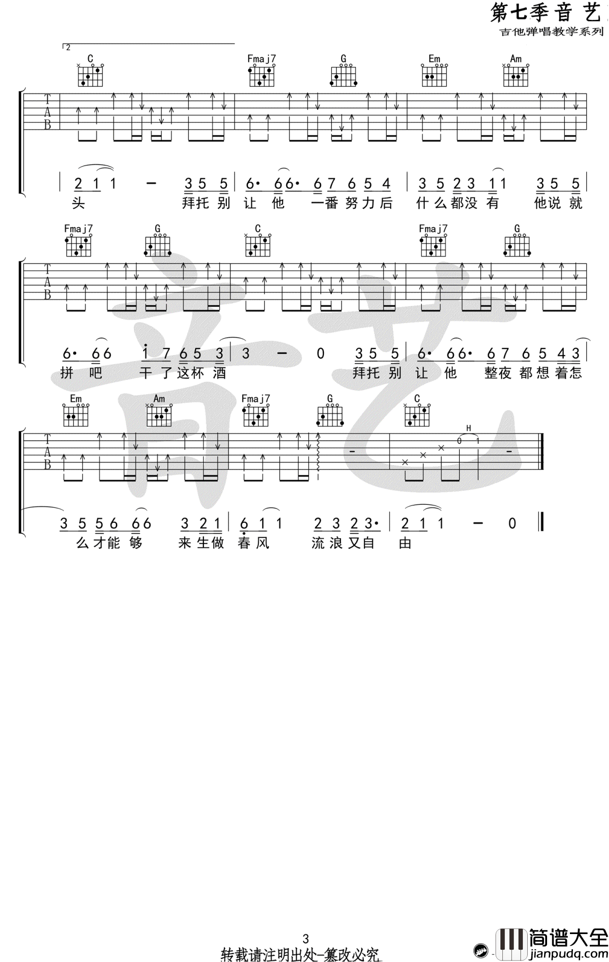 拜托吉他谱_孙晨_C调_高清图片谱