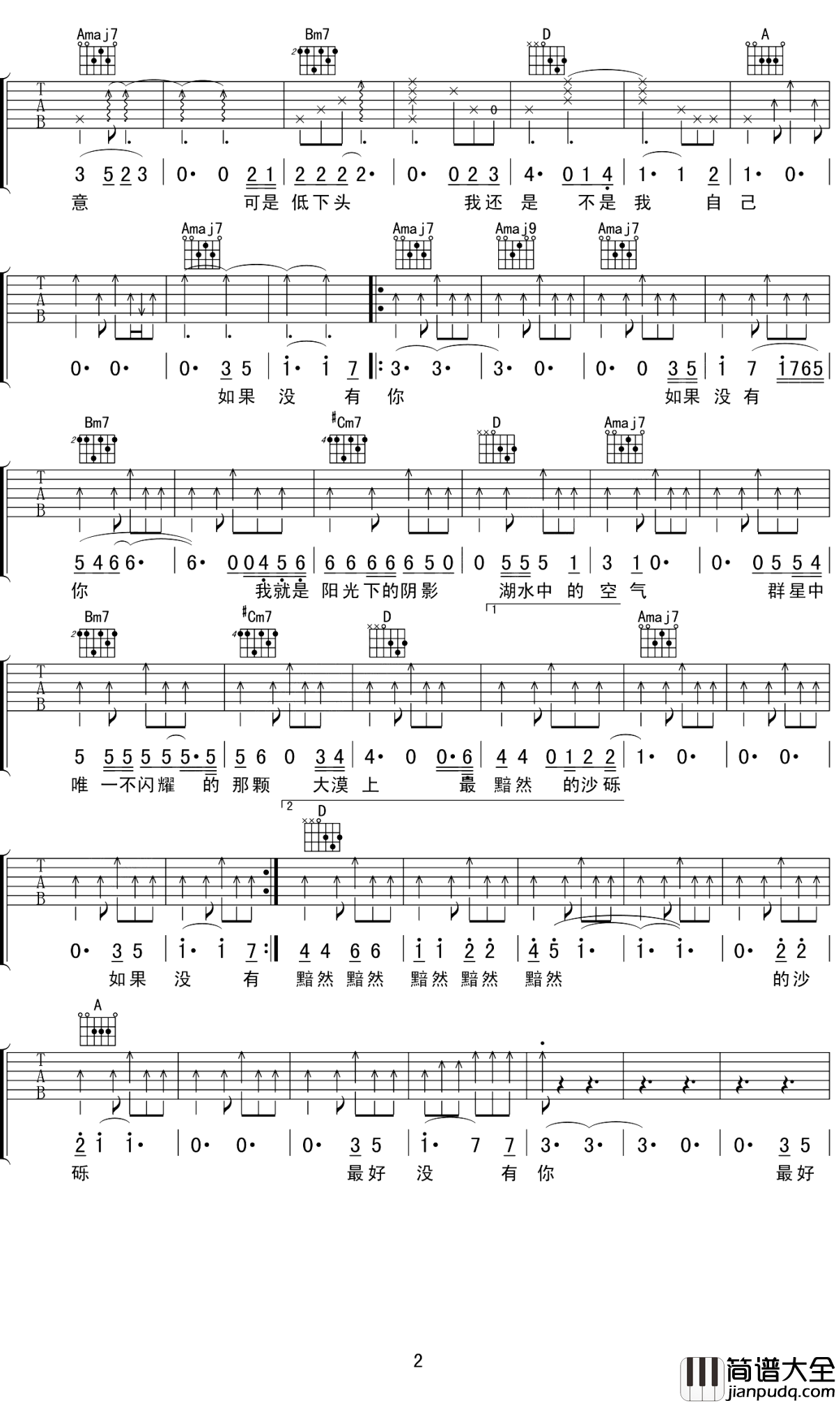没有你吉他谱_苏紫旭_如果没有你最好没有你,我会成为一匹狼