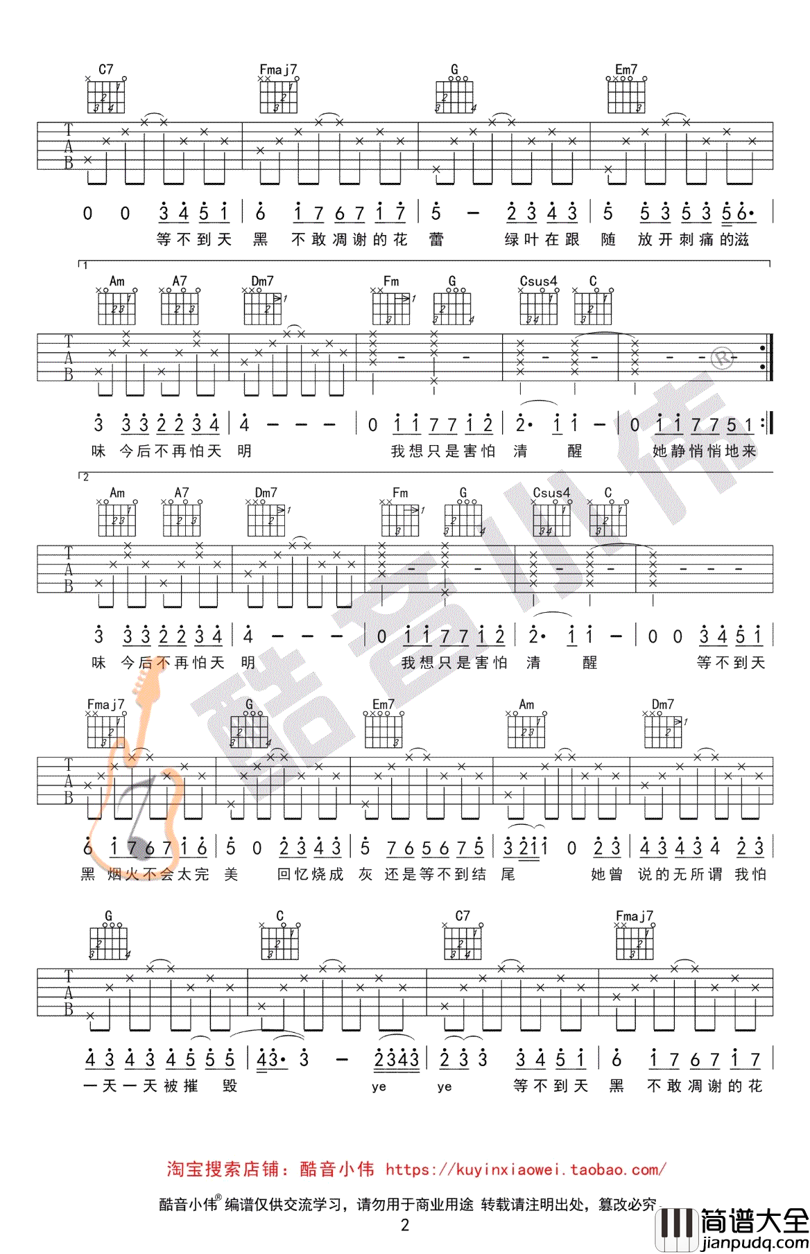 她说吉他谱_林俊杰_C调简单谱_吉他弹唱图片谱