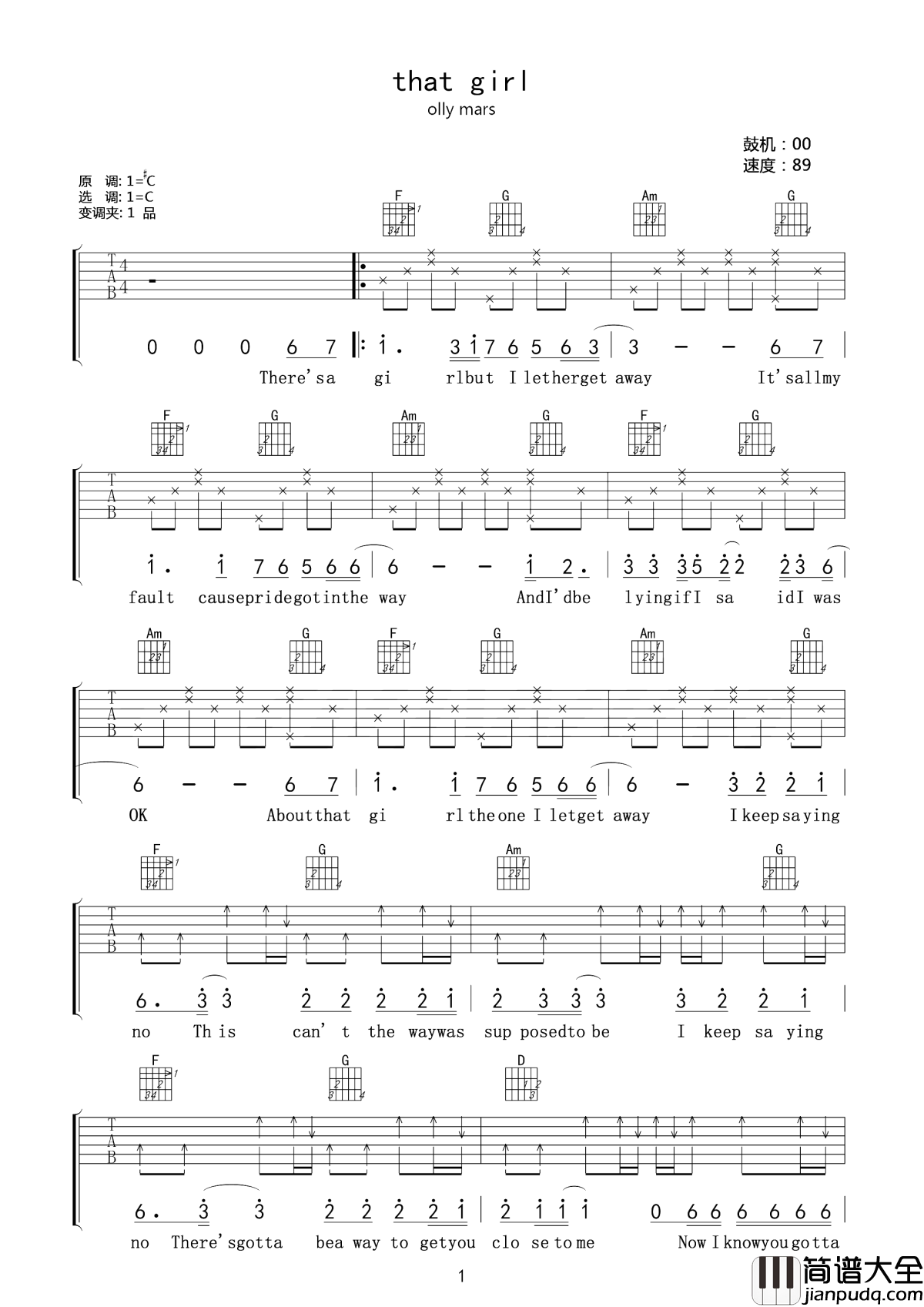 that_girl吉他谱_Olly_Murs_一个英语不及格的中学生唱火成收费