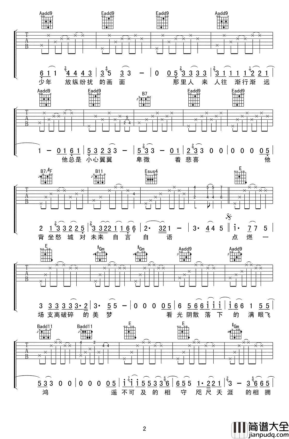皆非吉他谱_E调_马頔_皆非__高清图片谱
