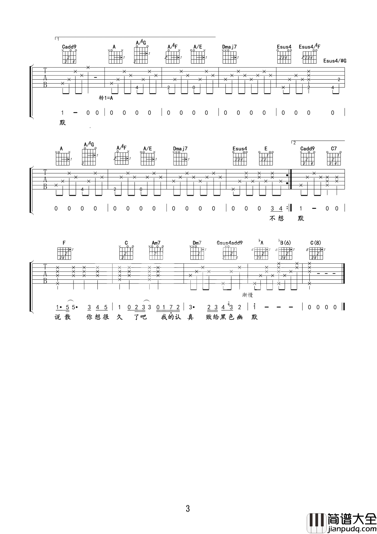 黑色幽默吉他谱_周杰伦_令人伤心悲痛的大玩笑