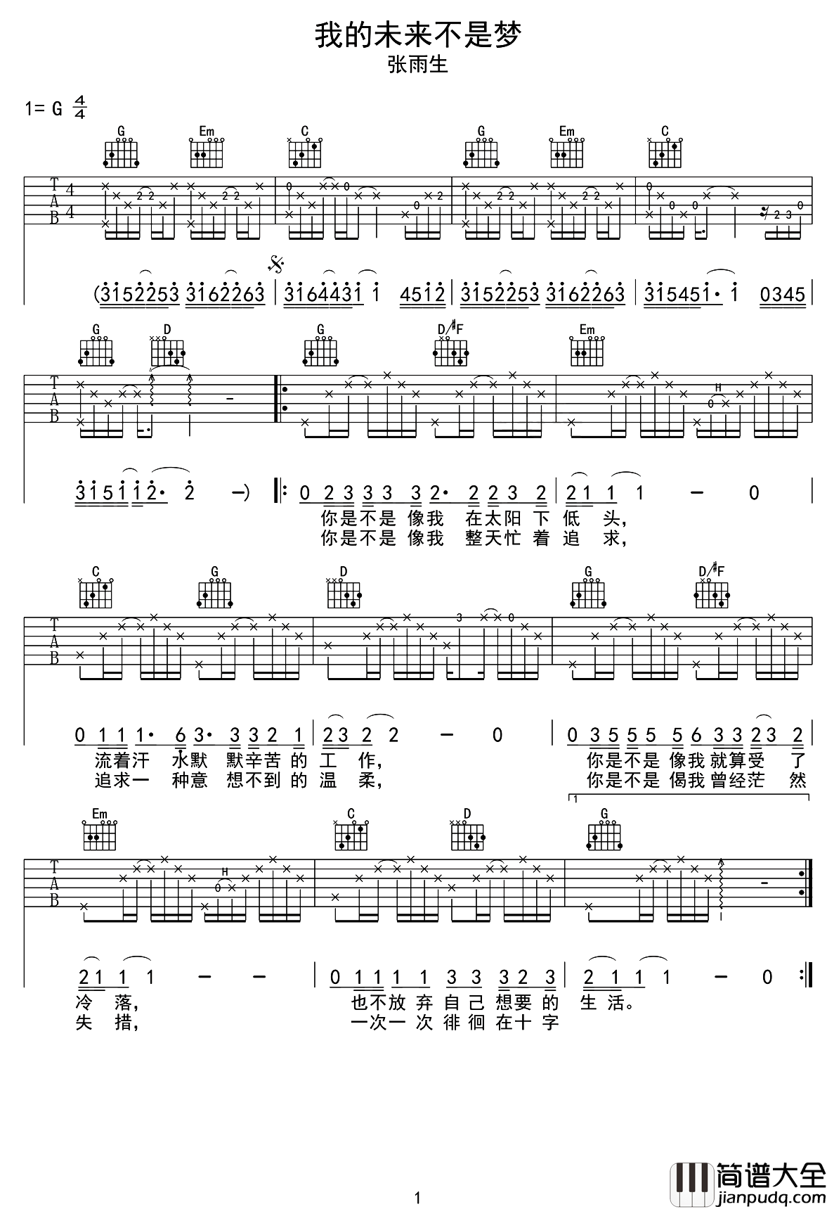 我的未来不是梦吉他谱_张雨生_我的未来不是梦__我认真的过每一分钟