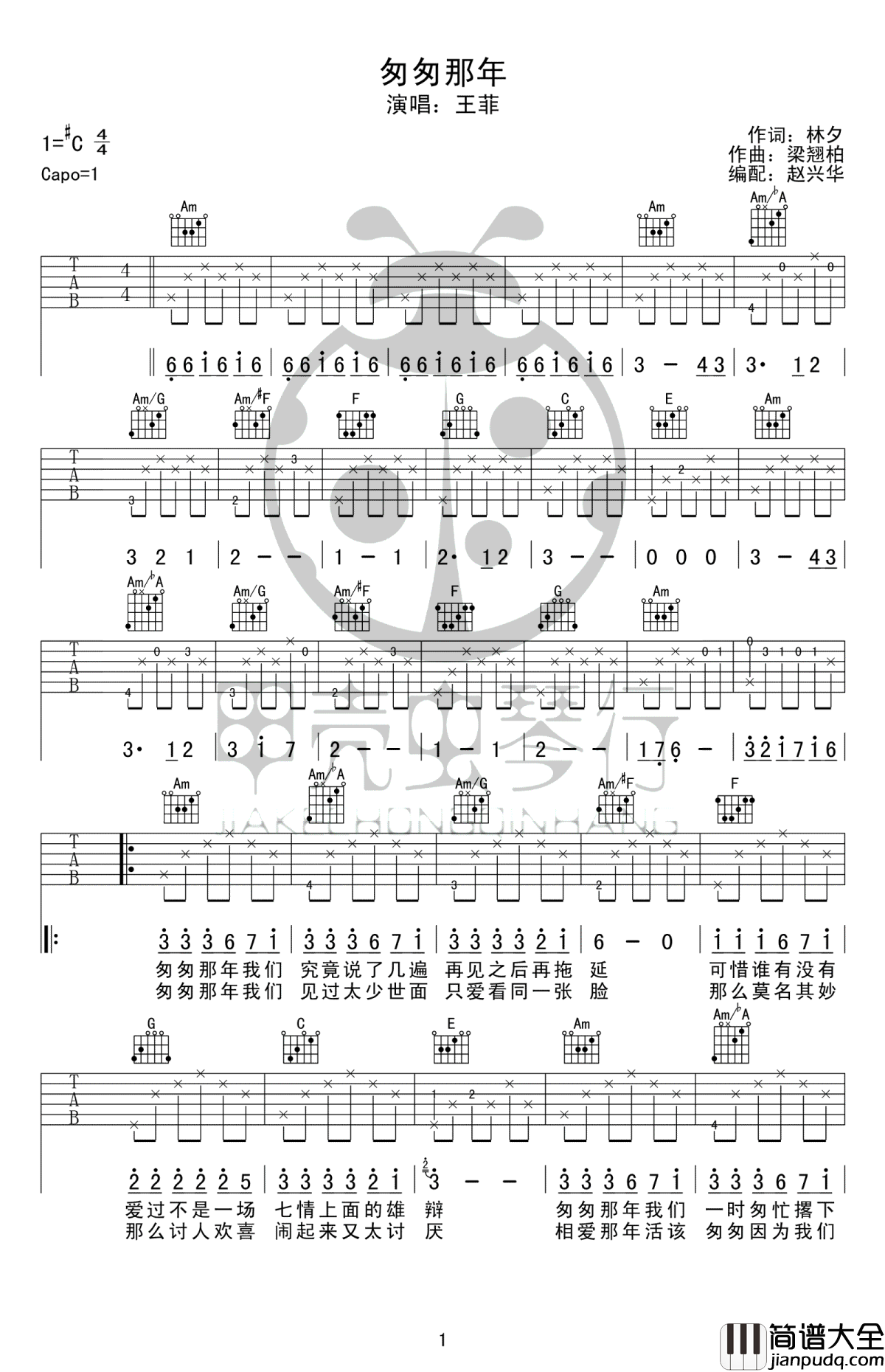 匆匆那年吉他谱C调_王菲_原版_高清图片谱