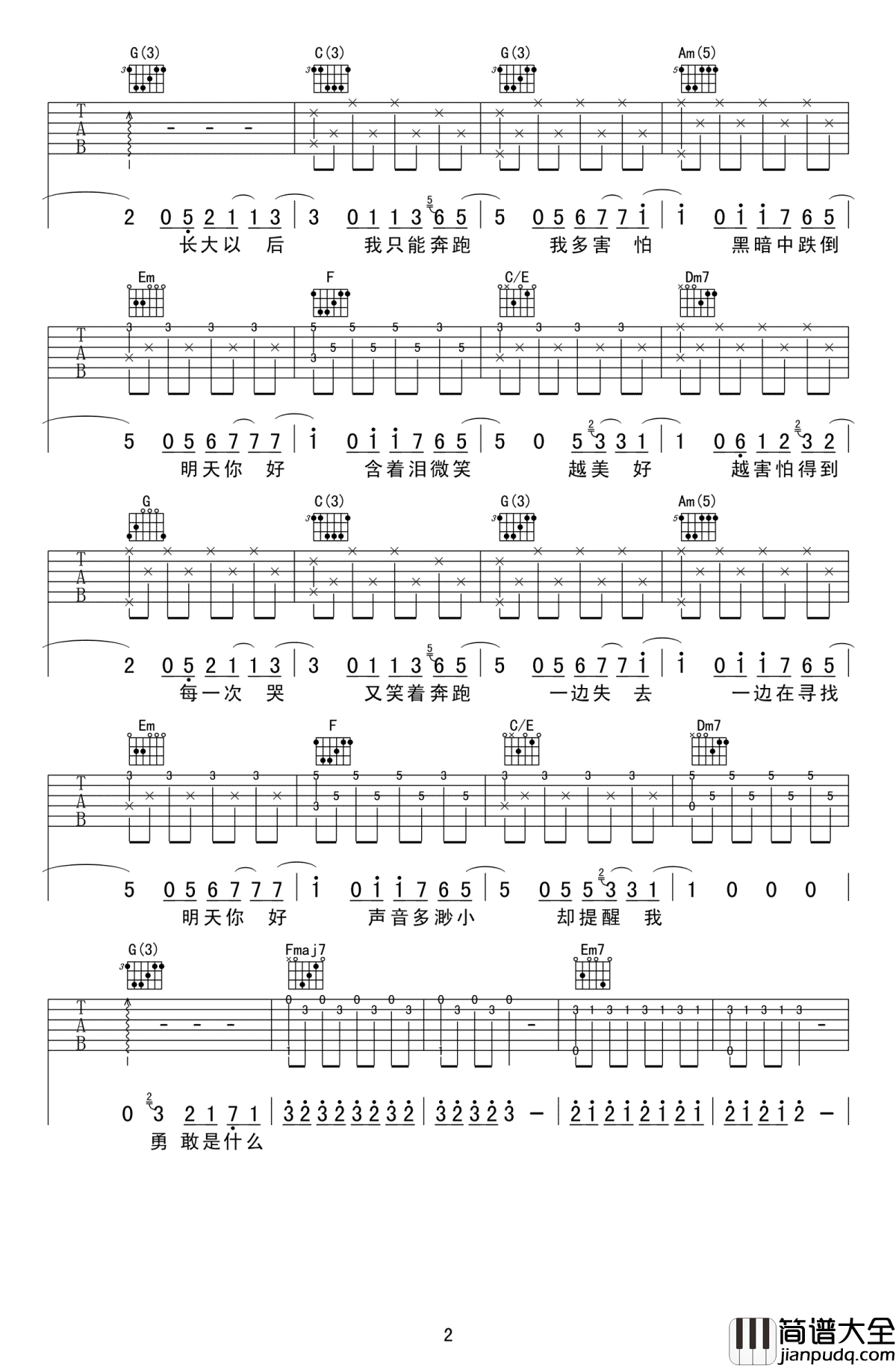 明天你好吉他谱_牛奶咖啡_高清_图片谱