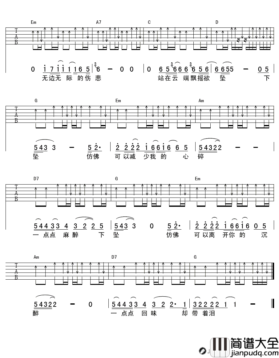 下坠吉他谱_汪峰_歌手__下坠_单吉他简编版