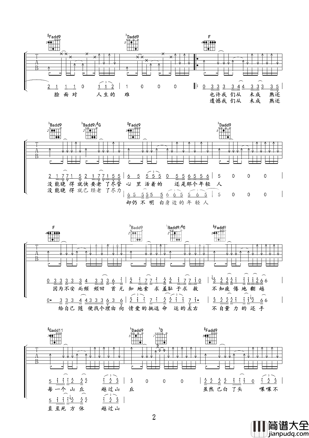 山丘吉他谱_李宗盛_越过山丘,你才知道有没有人在等候