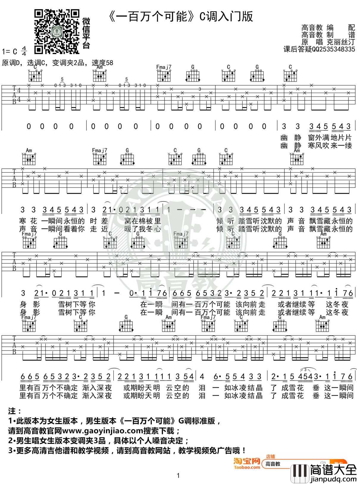 一百万个可能吉他谱_C调入门高清版_克丽丝汀_高音教编配