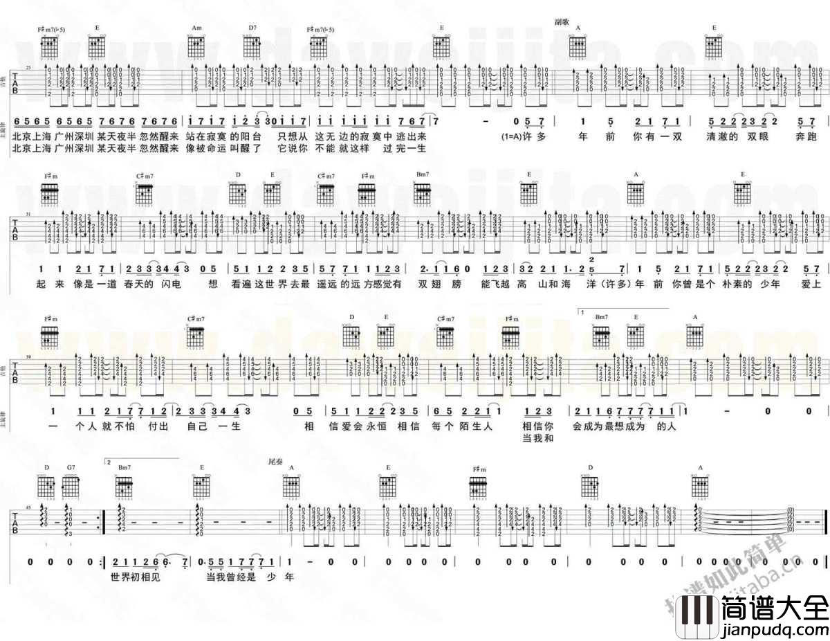 你曾是少年吉他谱_SHE_男声版
