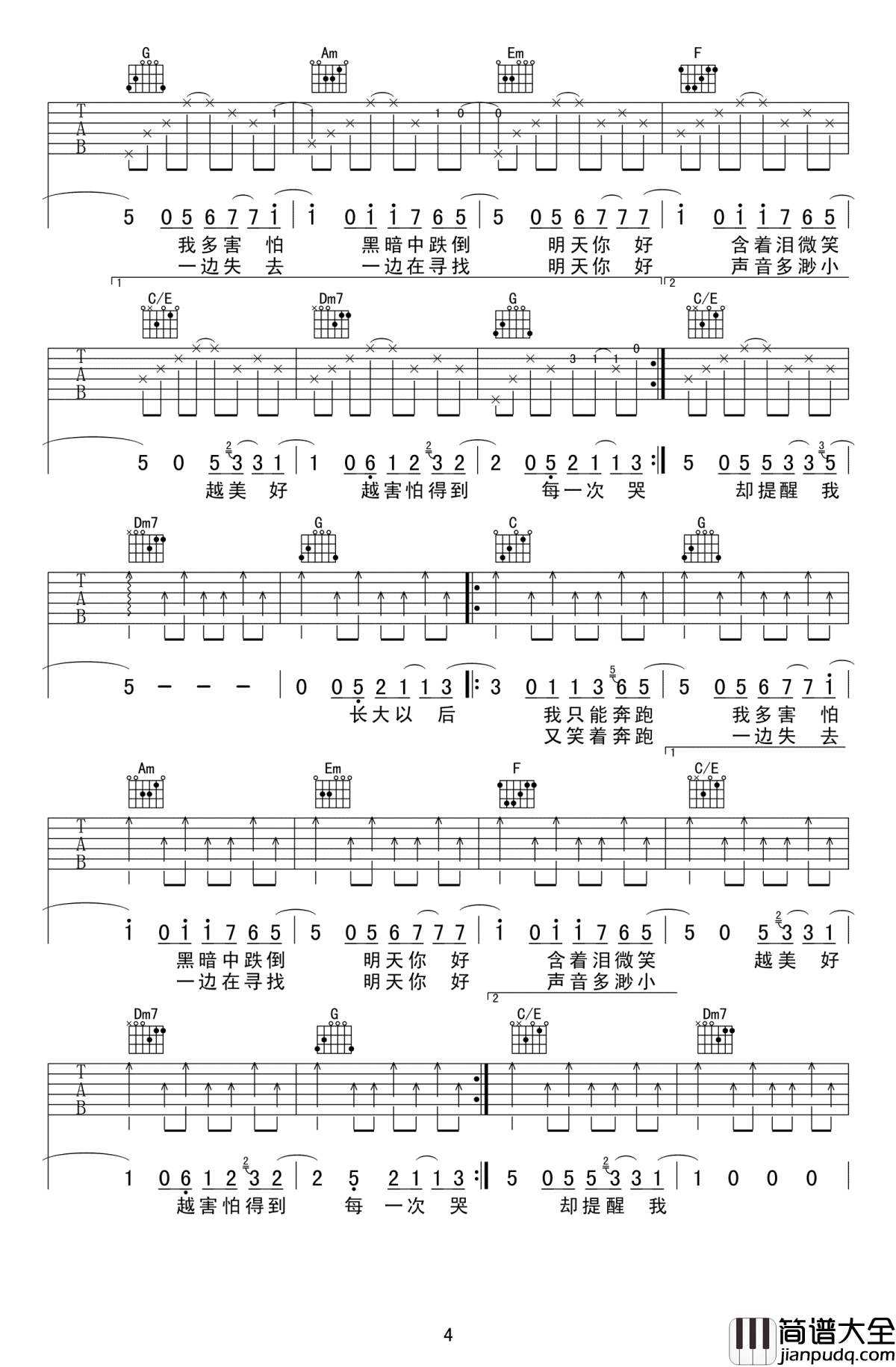 明天你好吉他谱_牛奶咖啡_高清_图片谱