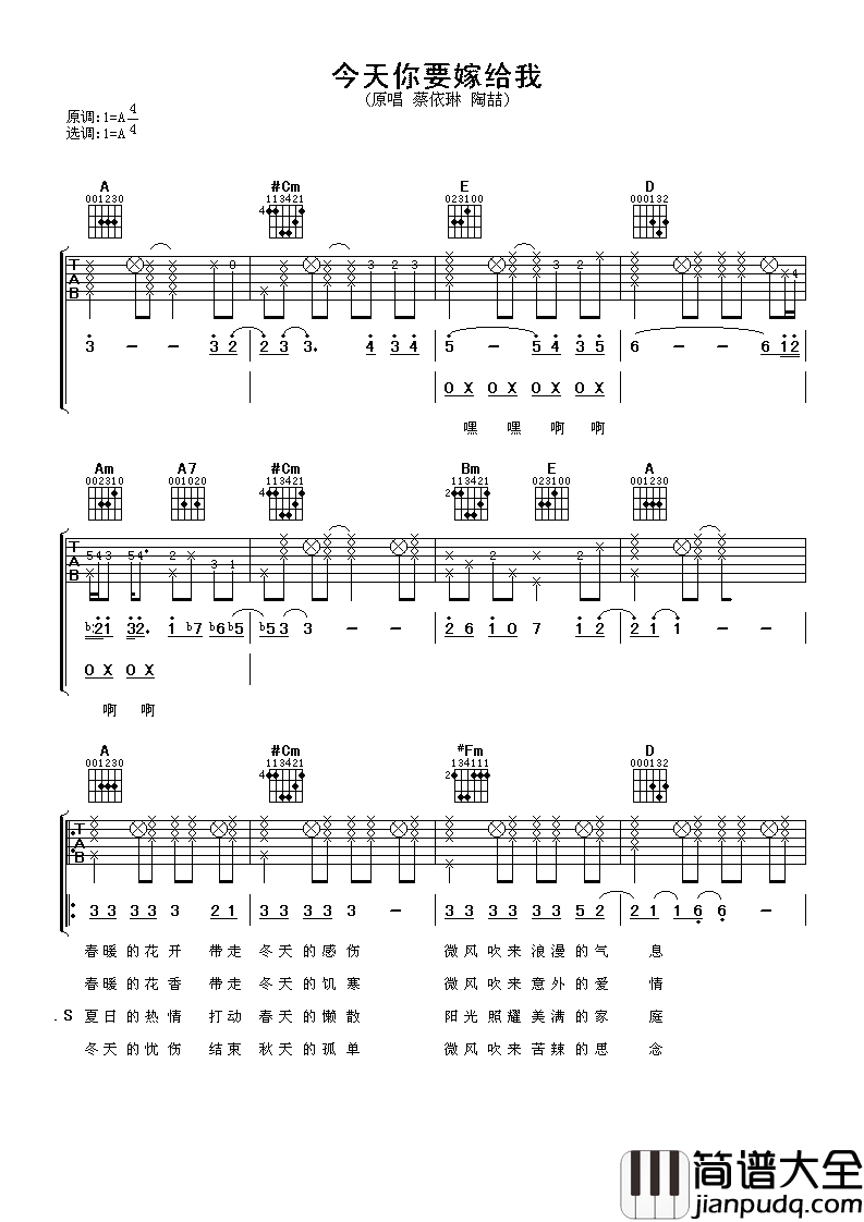 今天你要嫁给我吉他谱_蔡依林_简单的对白，伴随我们走过一生