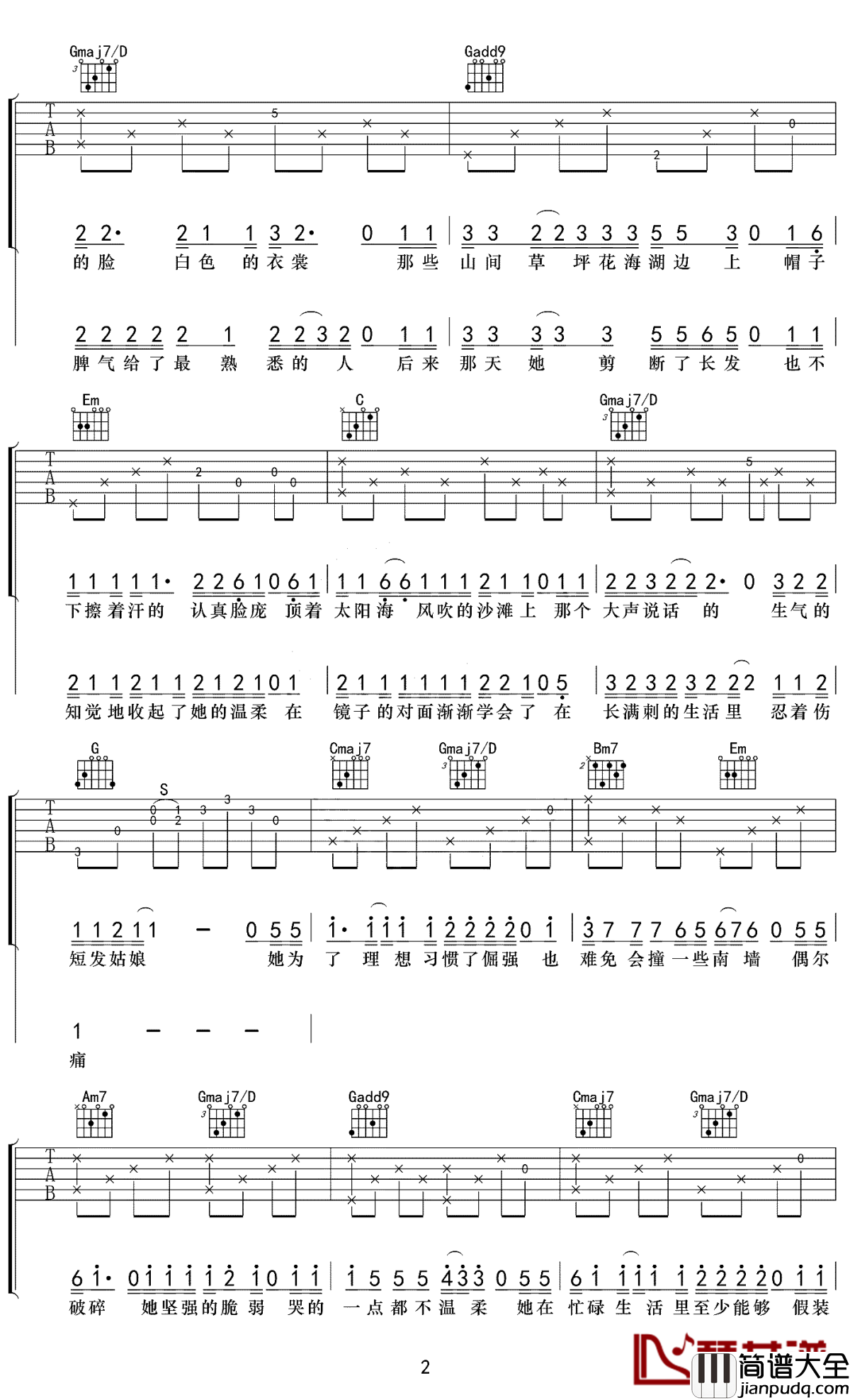 那个短发姑娘吉他谱_杨力_她说耐心都给了那些陌生人__剩下脾气给了最熟悉的人