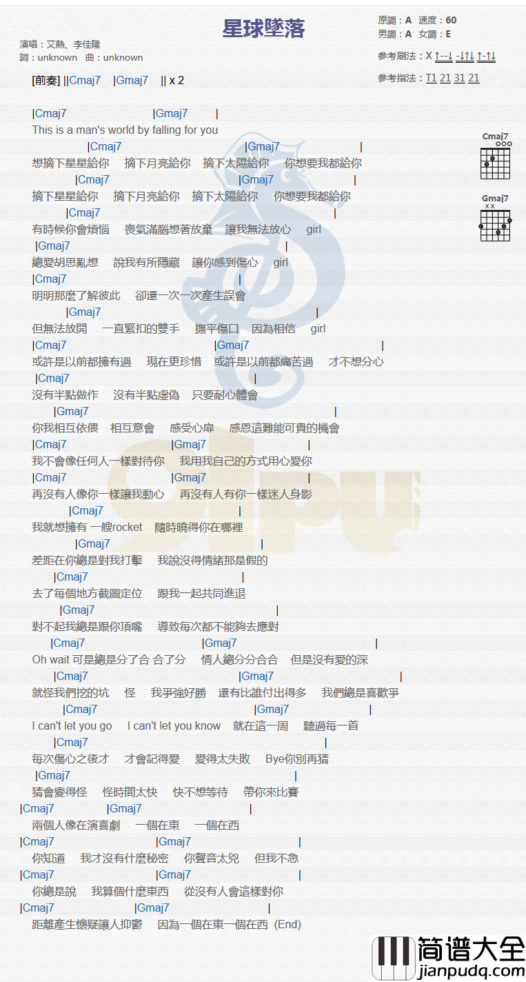 星球坠落吉他谱_李佳隆-艾热_想摘下星星给你，摘下月亮给你