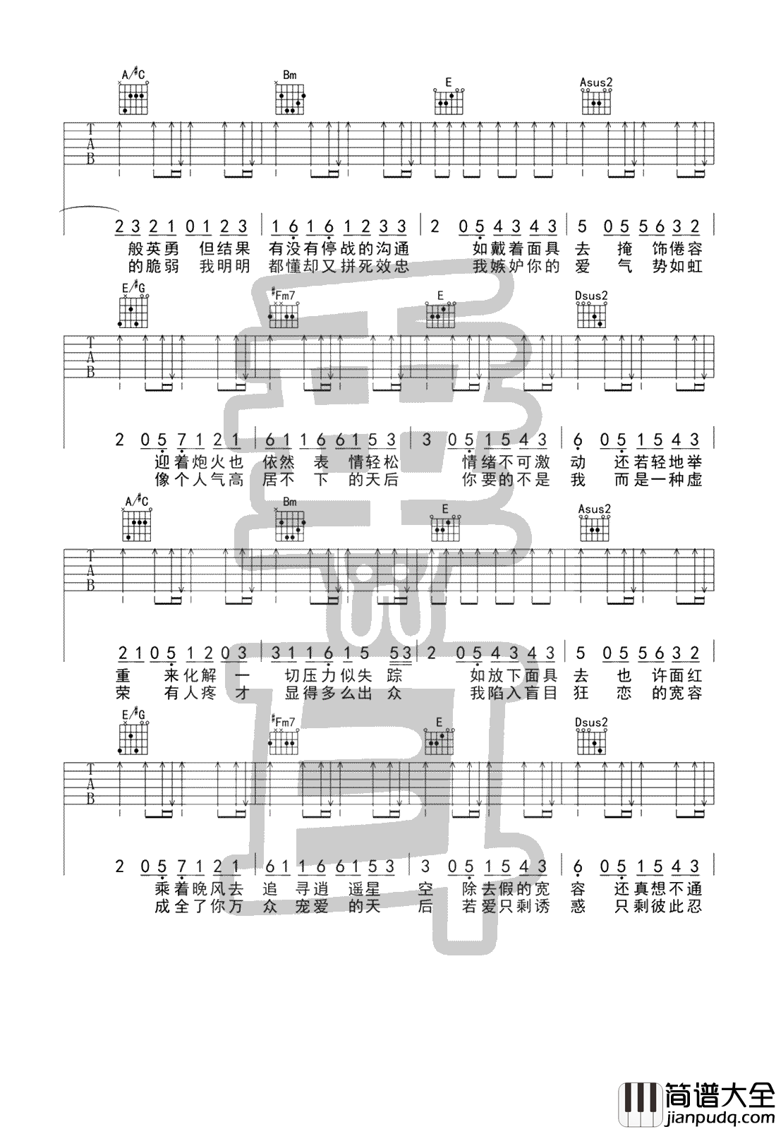 面具吉他谱_许廷铿_陈势安_天后_粤语版_吉他