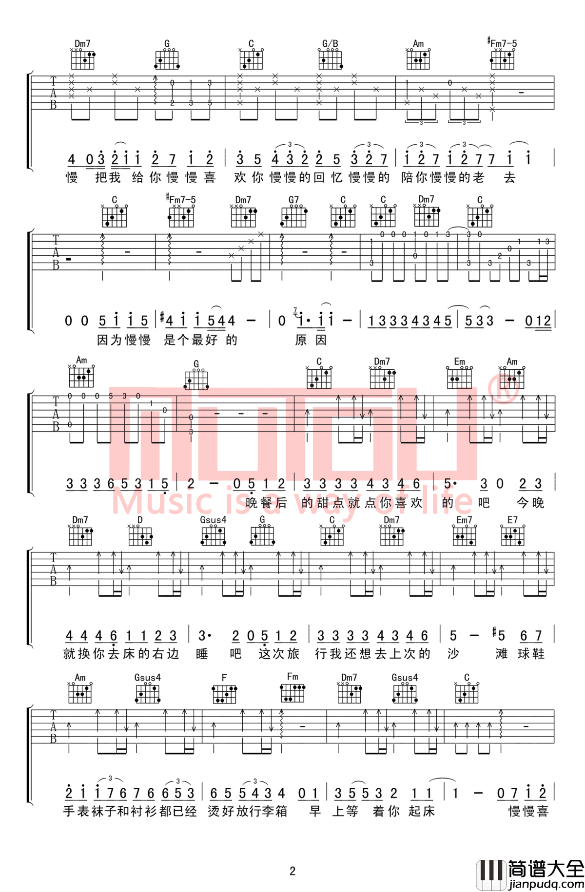 慢慢喜欢你吉他谱C调_莫文蔚__高清图片谱