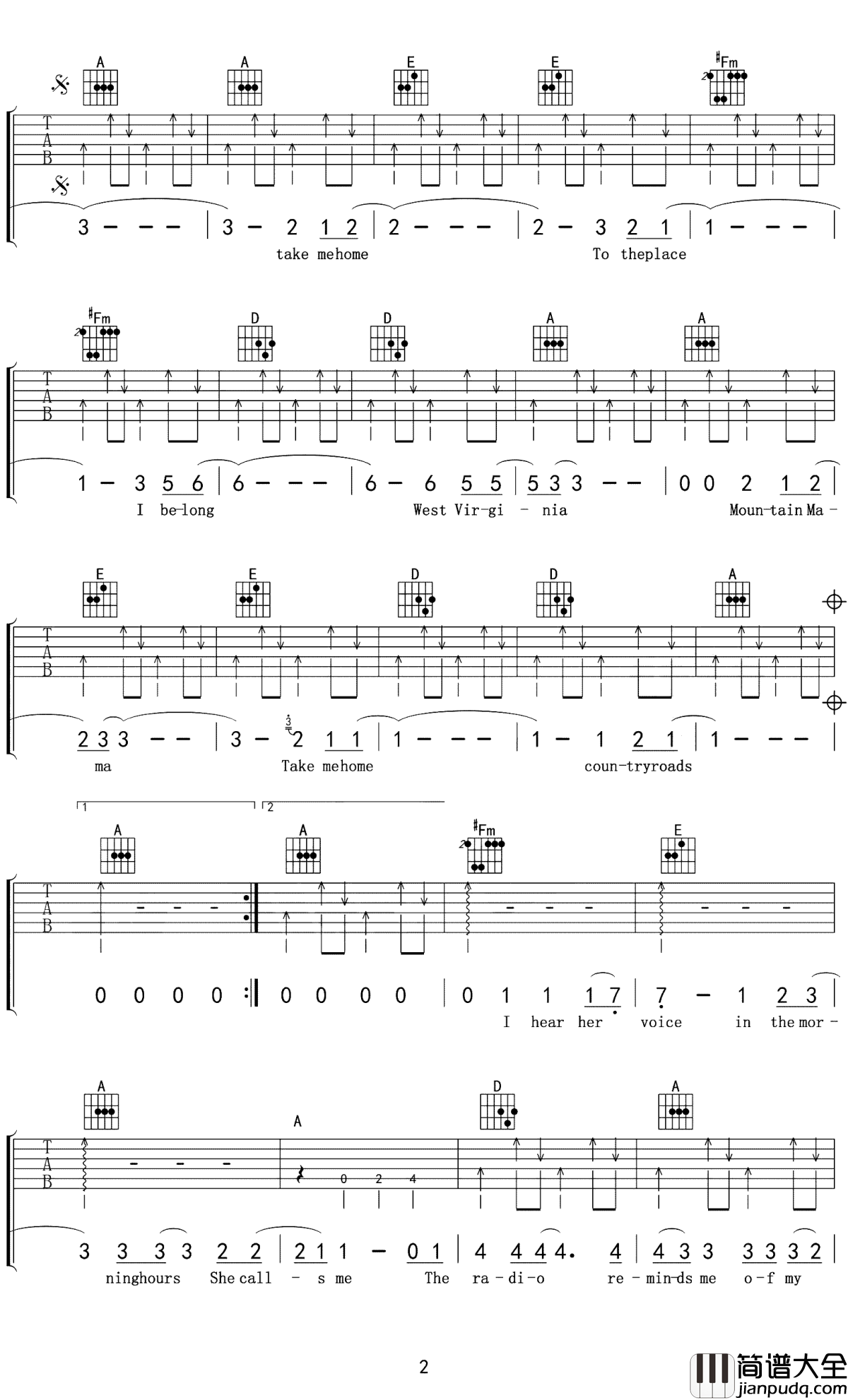 Take_me_home_country_roads吉他谱_约翰丹佛_让你感受到家乡的温暖