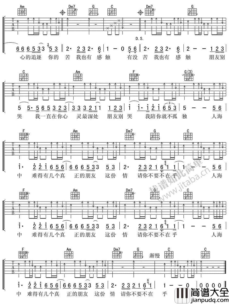 朋友别哭吉他谱_C调_吕方_弹唱图片谱