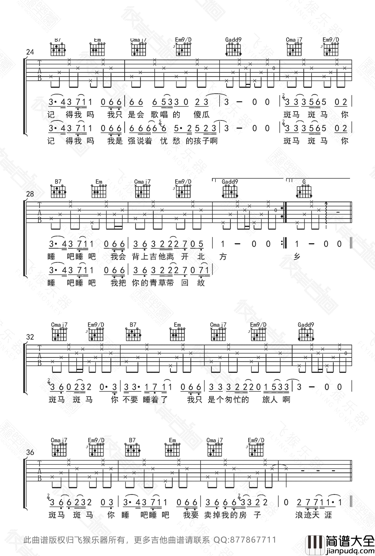 斑马斑马吉他谱_宋冬野_G调带SOLO版本_吉他弹唱示范演示