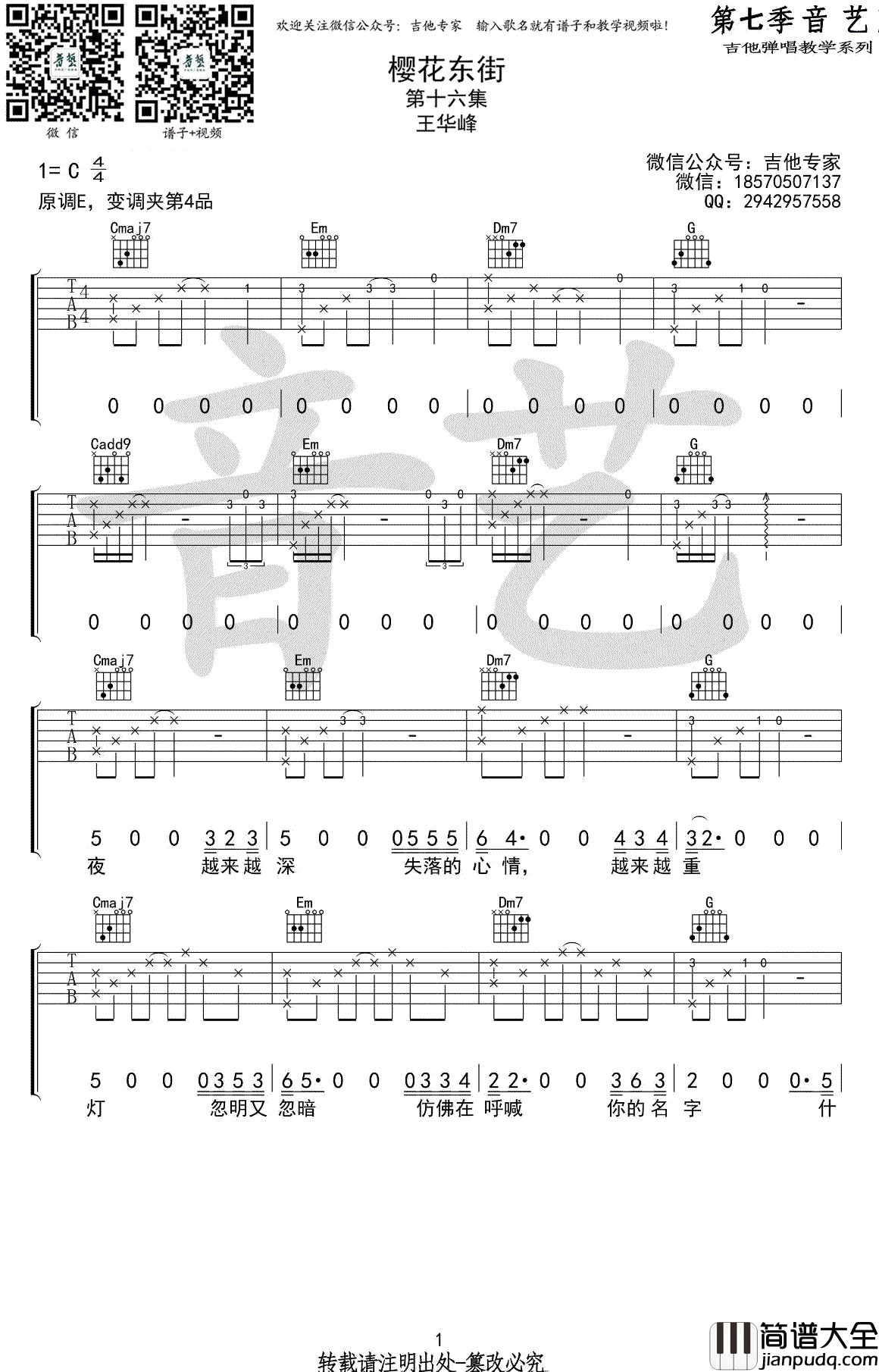 樱花东街吉他谱_王华峰_C调_高清图片谱