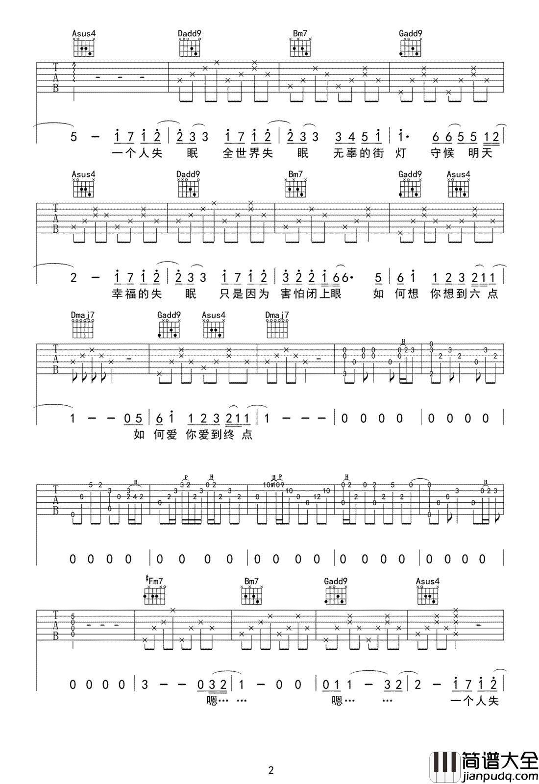 全世界失眠吉他谱_D调_陈奕迅