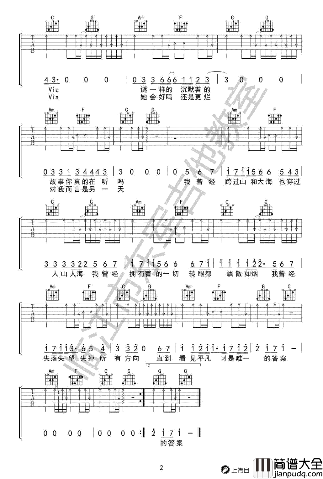 平凡之路吉他谱_打扰一下乐团_现场版