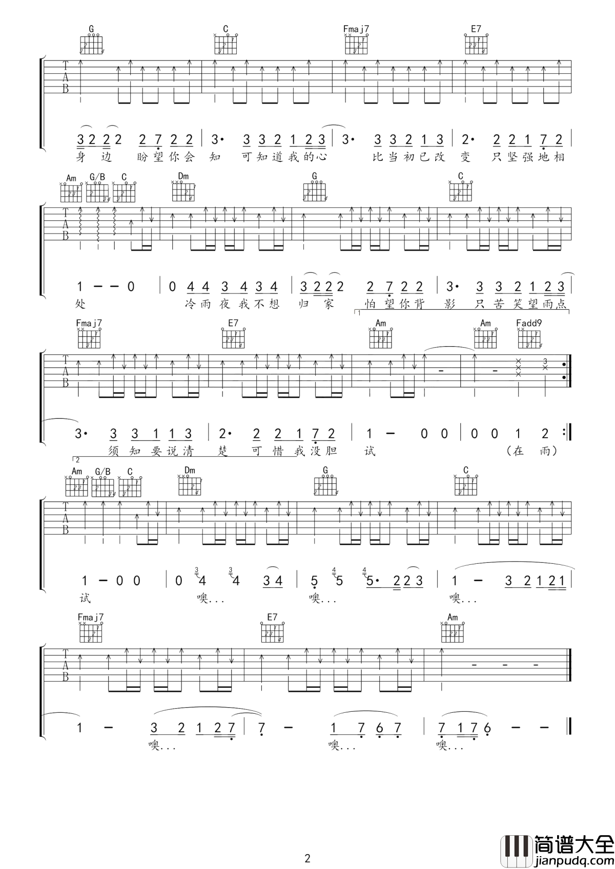 冷雨夜吉他谱_Beyond_蓝色街灯渐露