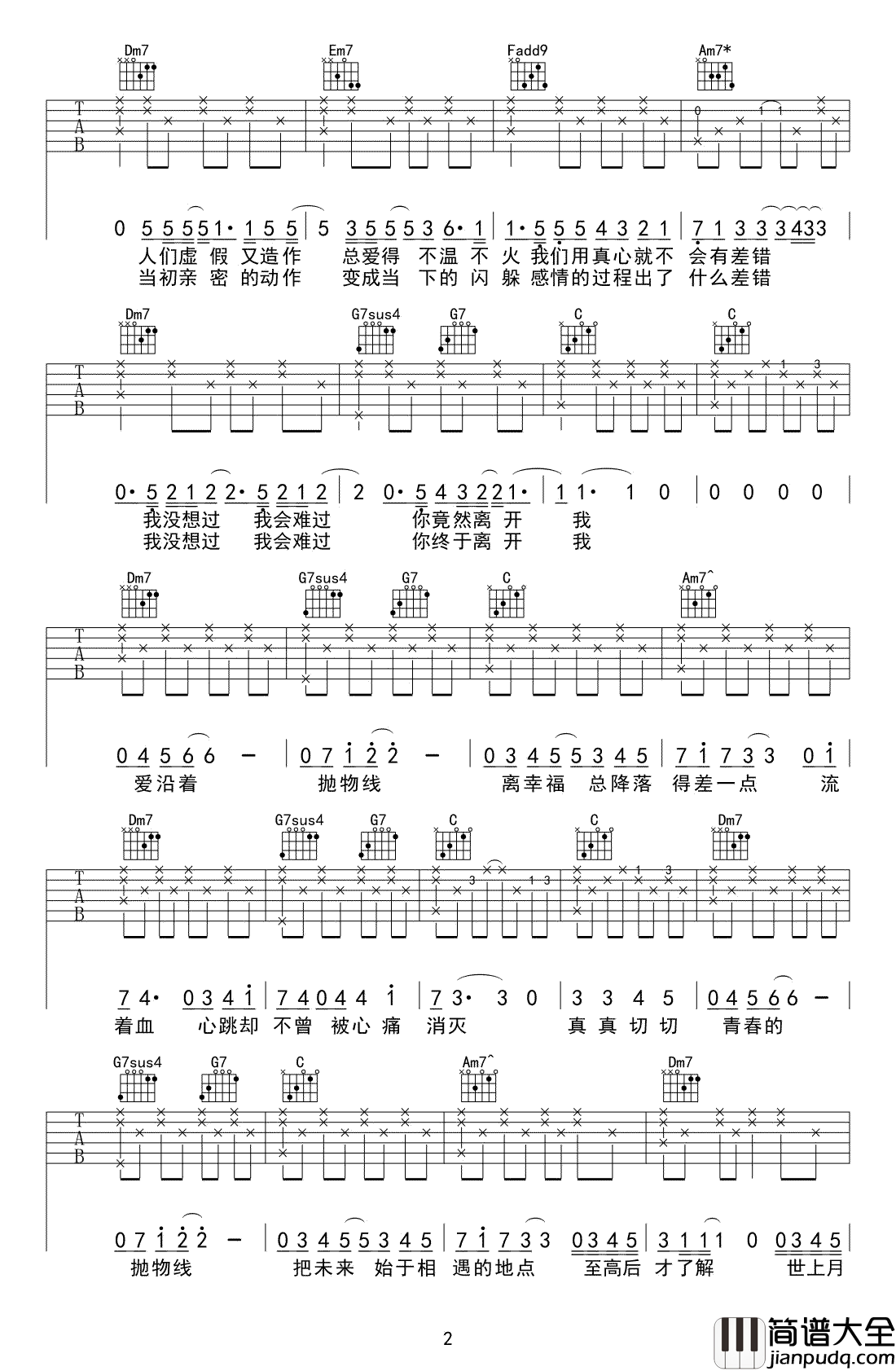 抛物线吉他谱_蔡健雅_高清图片谱_吉他弹唱演示视频