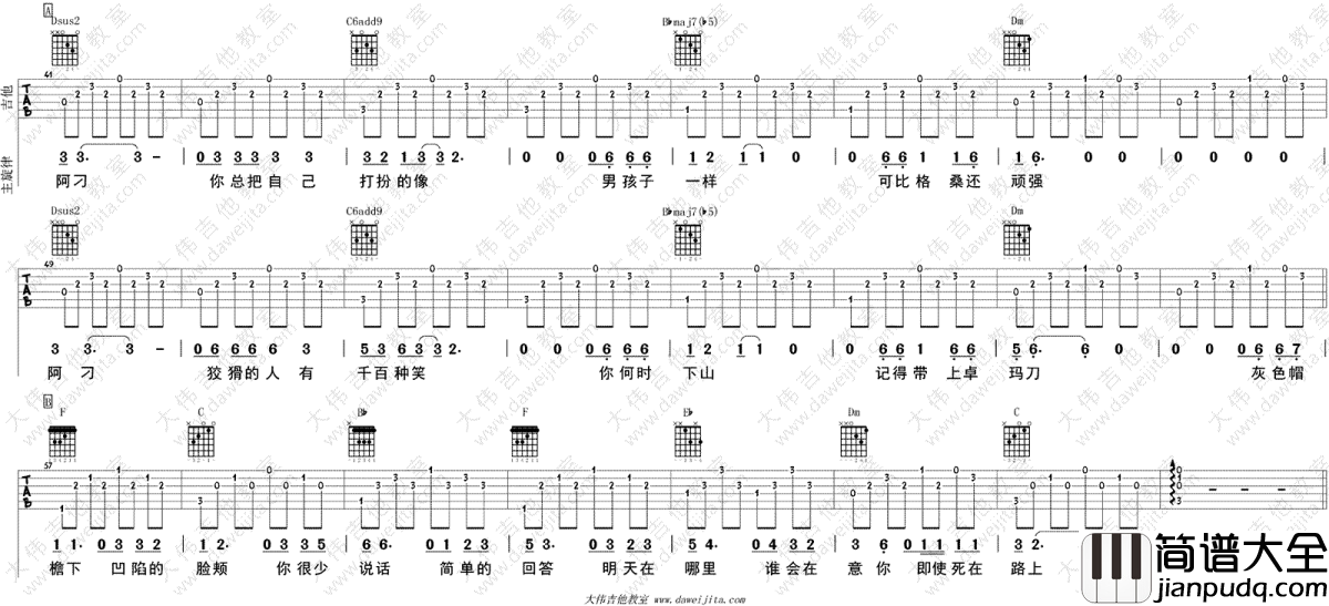 阿刁吉他谱_赵雷-张韶涵_阿刁_吉他弹唱视频_图片谱