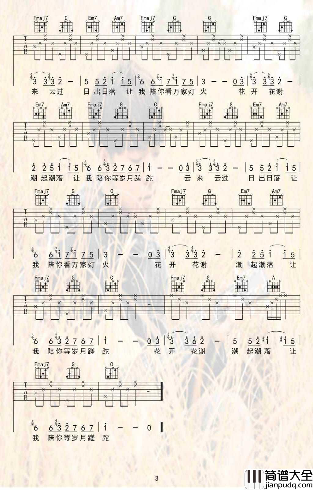 陪你看万家灯火吉他谱_C调原版_夏沙_高清