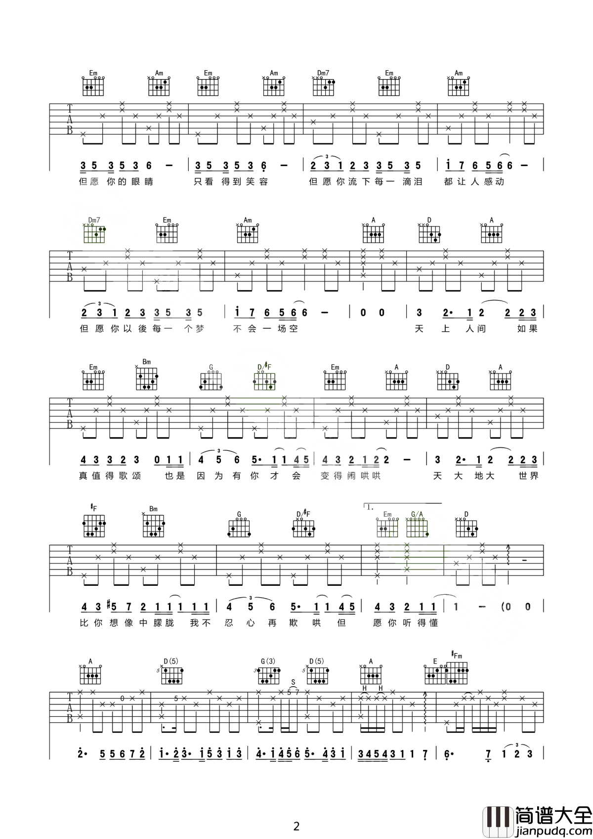 人间吉他谱_王菲_但愿你的眼睛只看得到笑容