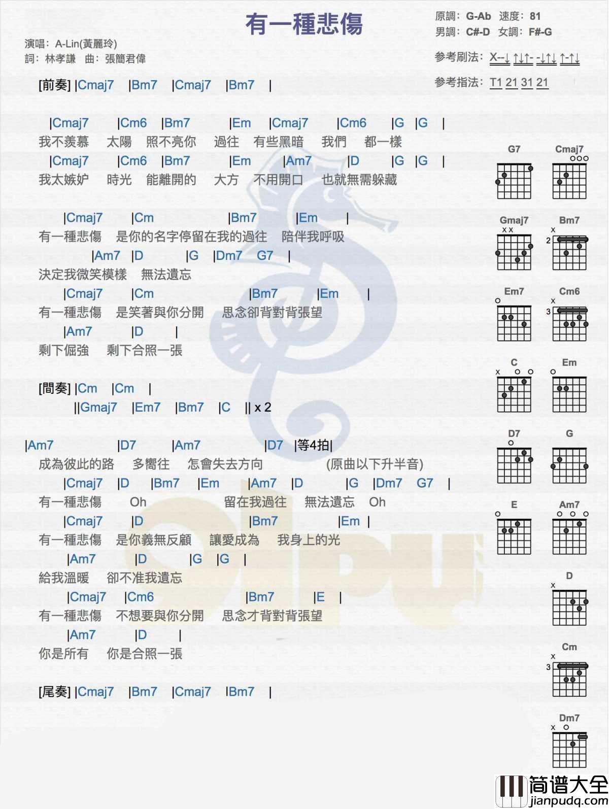 有一种悲伤吉他谱_黄丽玲_G调吉他_电影_比悲伤更悲伤的故事_主题曲