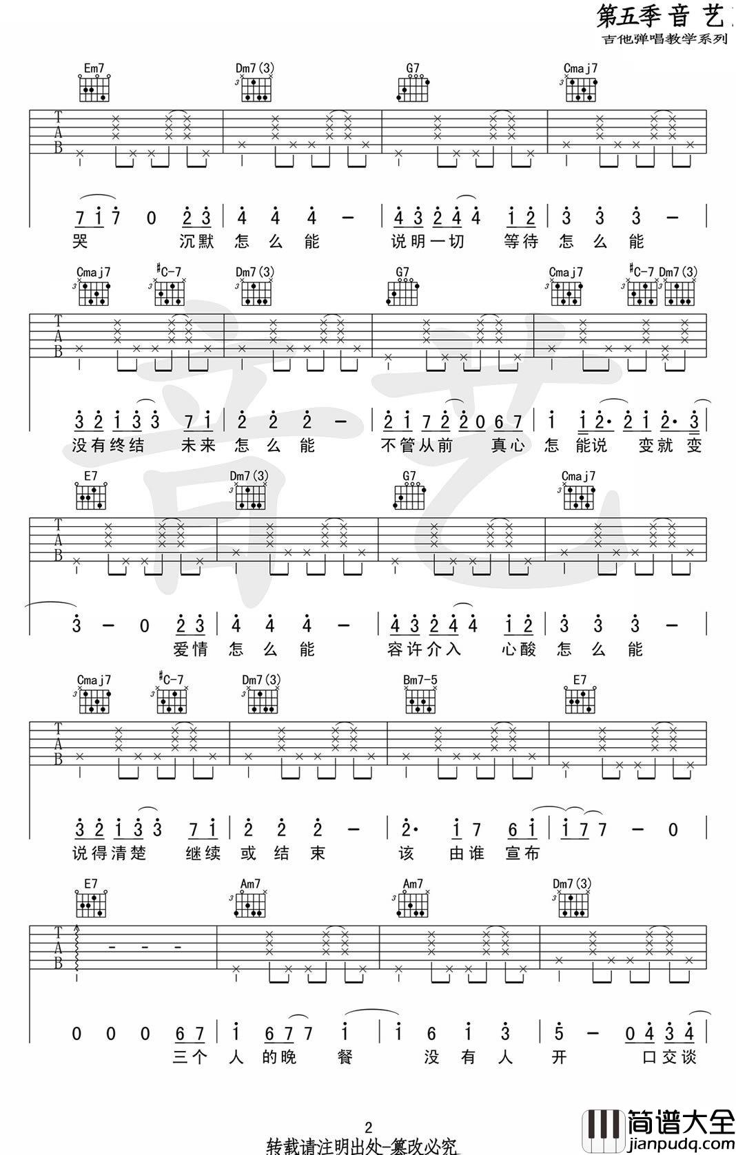 三个人的晚餐吉他谱_C调弹唱_王若琳