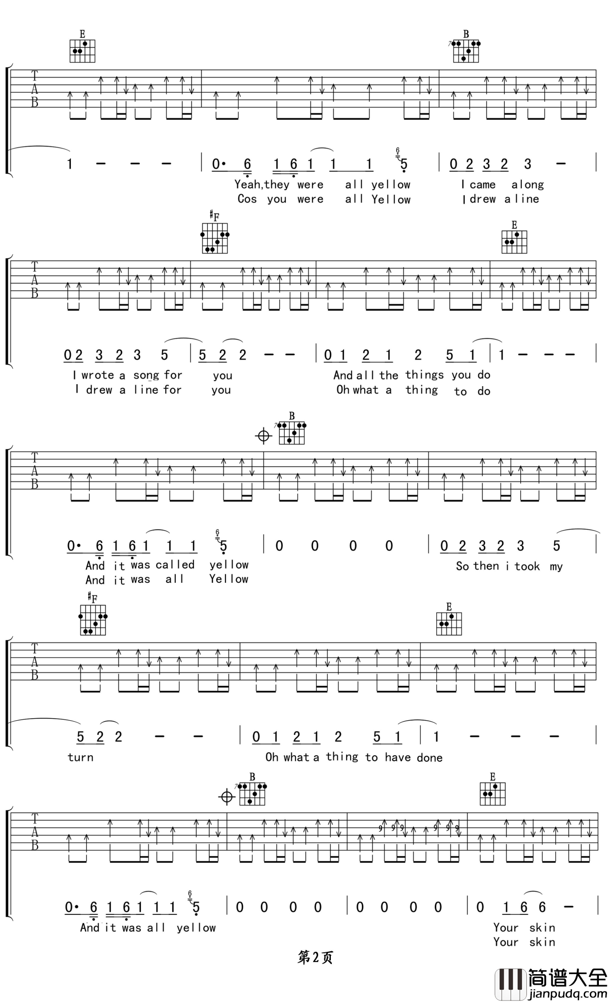 yellow吉他谱_Coldplay___Road_Songs_遥远而又辽阔，清澈而又自由