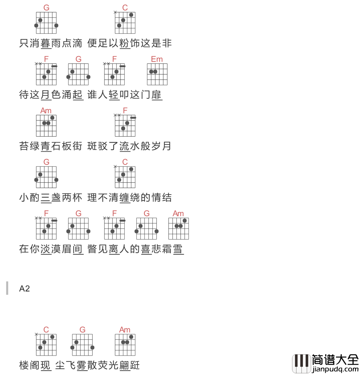 霜雪千年吉他谱_双笙-封茗囧菌_我有古风歌一曲,请卿侧耳细细听!