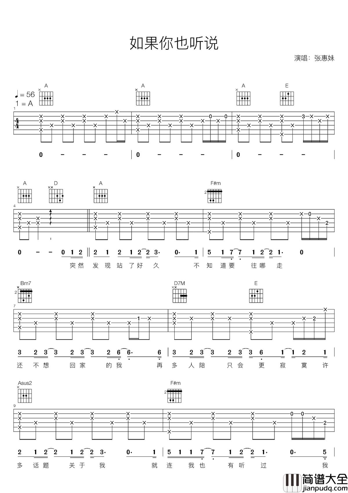 如果你也听说吉他谱_张惠妹_有故事,不一定要喝酒,倾听故事和情怀